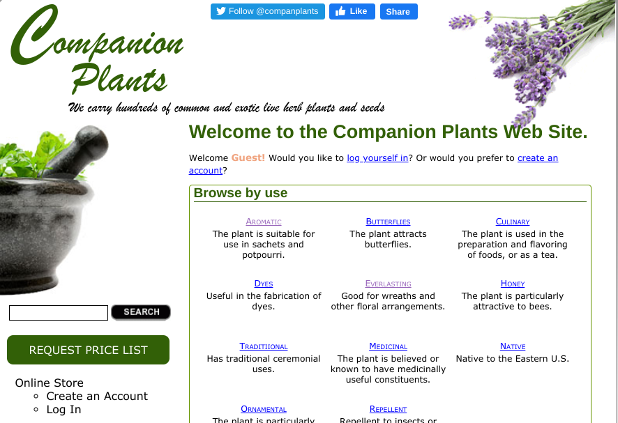 screenshot of the Companion Plants website
