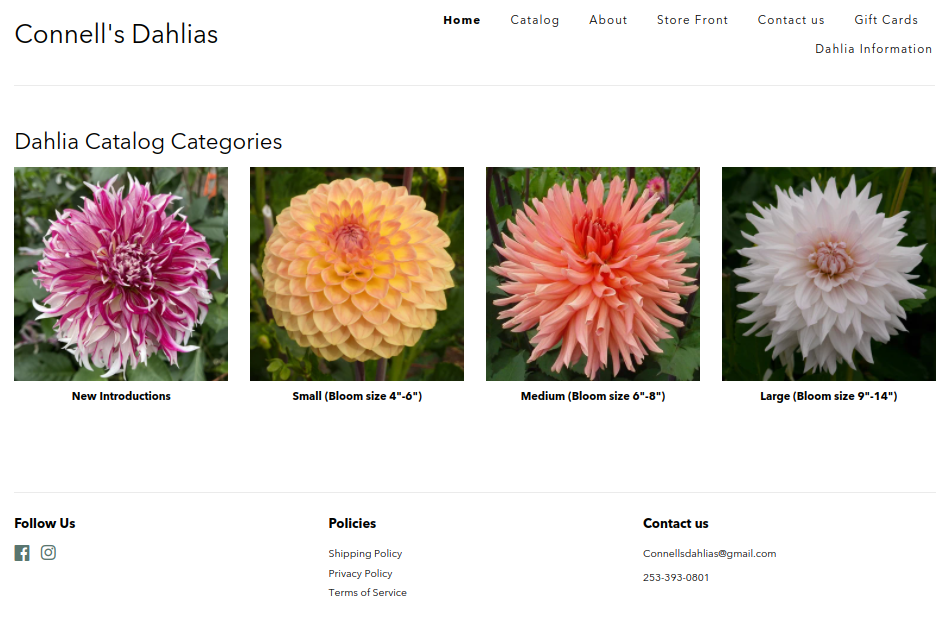 screenshot of the Connell's Dahlias website