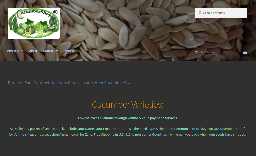 screenshot of Cucumber Shop website