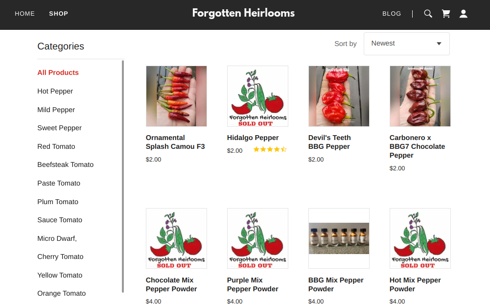 screenshot of Forgotten Heirlooms website