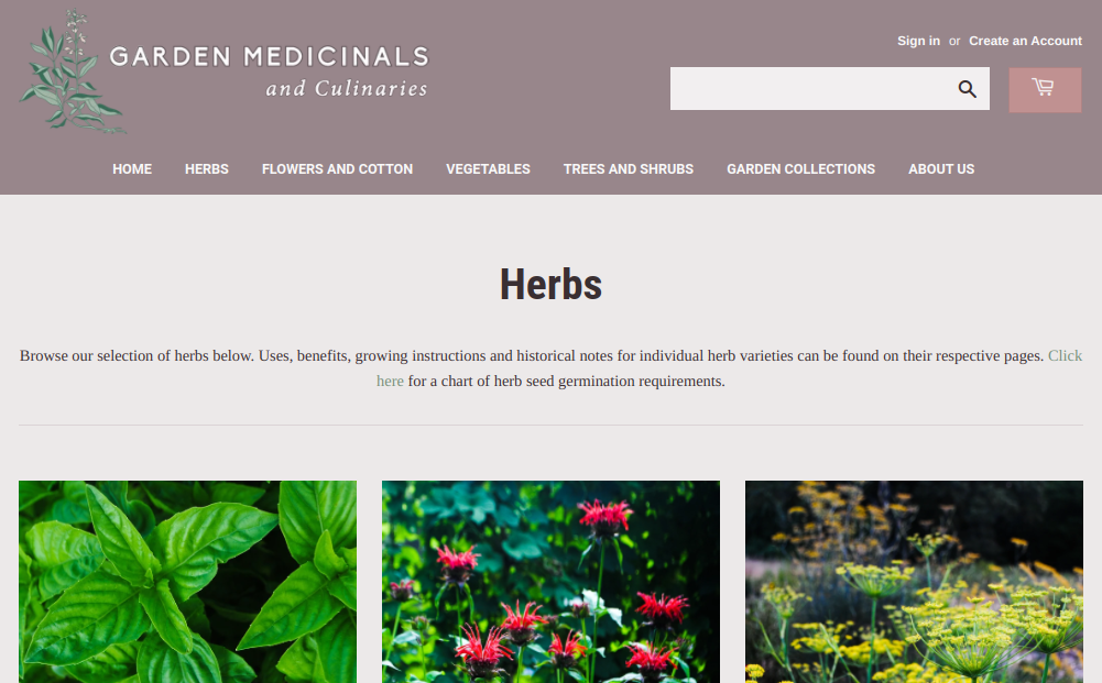 screenshot of Garden Medicinals and Culinariess website
