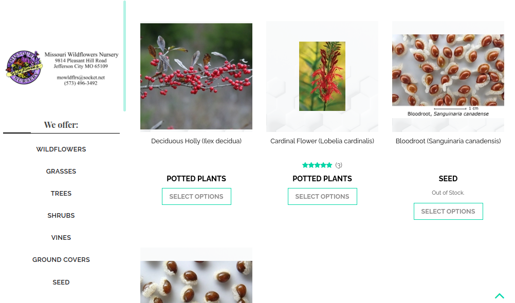 screenshot of Missouri Wildflower Nursery website