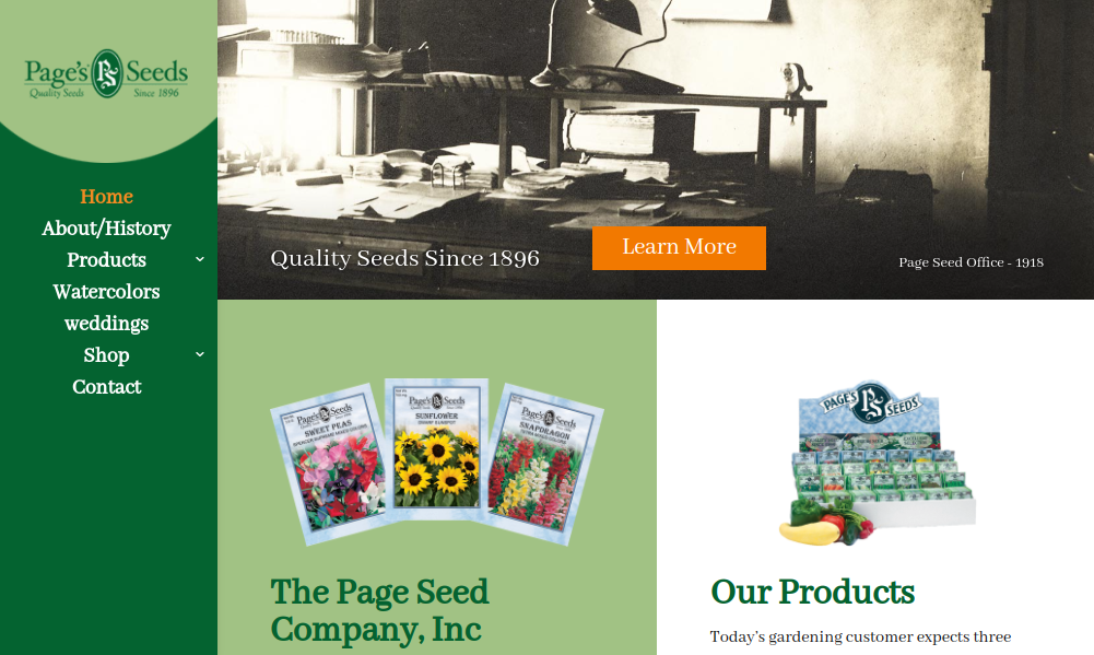 screenshot of Page's Seeds website