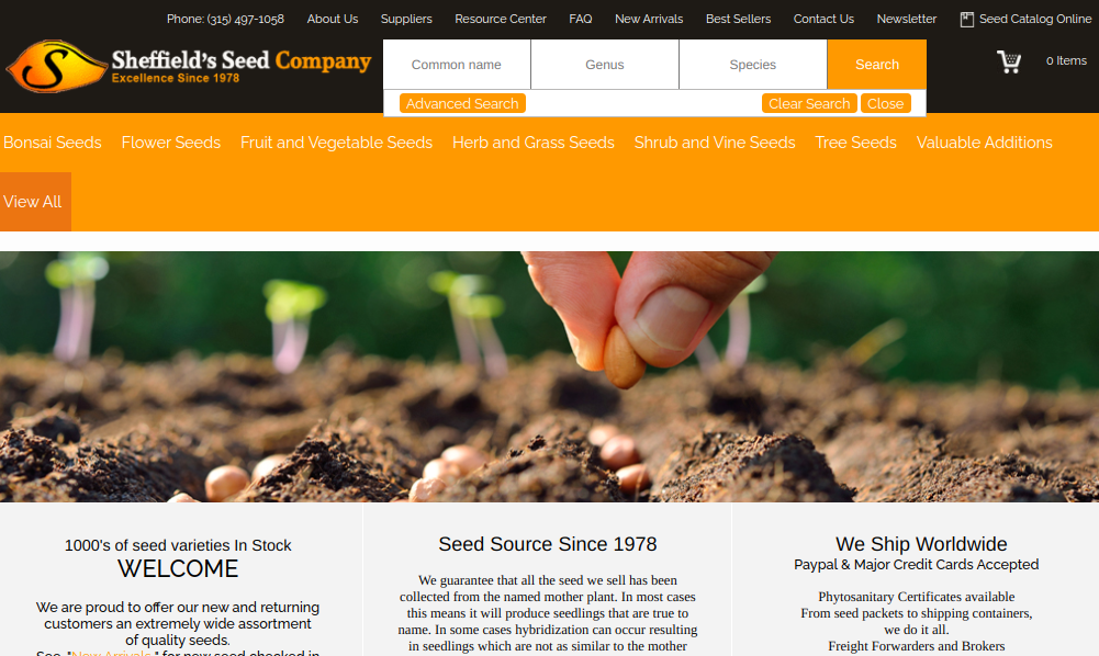 screenshot of Sheffield's Seed Company website