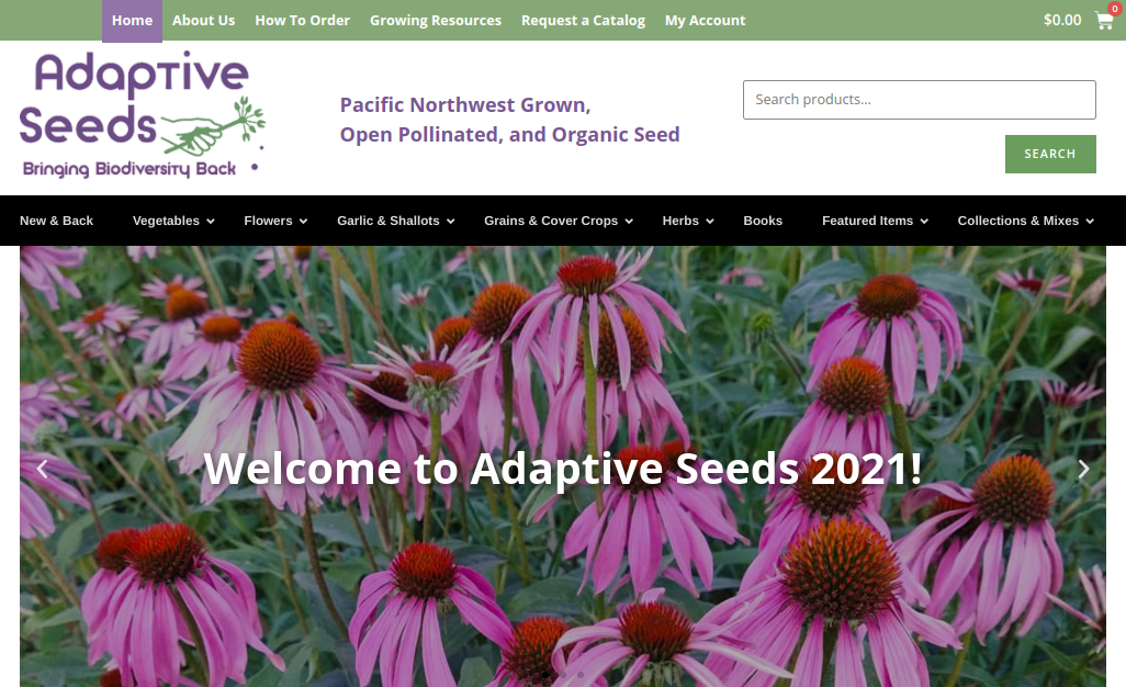 screenshot of the Adaptive Seeds website