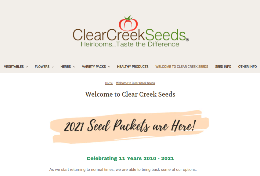 screenshot of the Clear Creek Seeds website