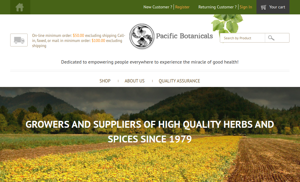 screenshot of Pacific Botanicals website