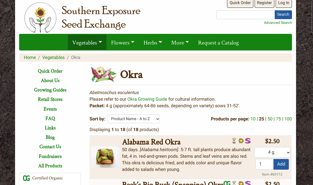 screenshot from Southern Exposure Seed Exchange website